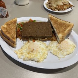 Eggs over easy with Scrapple