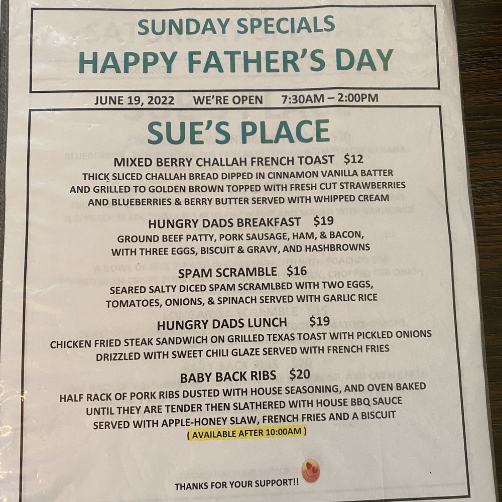 Sue’s Place - Father's Day specials - Breakfast & Brunch Near Me - Pinole, California Sue’s Place - Father's Day specials - Breakfast & Brunch Near Me - Pinole, California