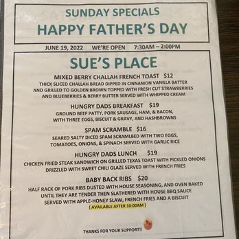 Sue’s Place - Father's Day specials - Breakfast & Brunch Near Me - Pinole, California