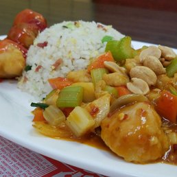 Kung pao chicken, pork fried rice and nuclear sauced sweet and sour. Kung pao chicken, pork fried rice and nuclear sauced sweet and sour.