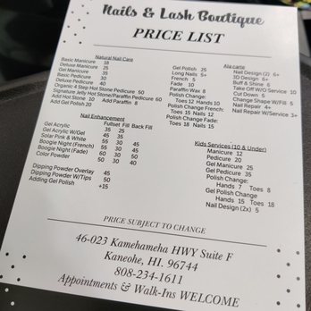 Nails & Lash Boutique - Price list - Waxing Near Me - Kaneohe, Hawaii Nails & Lash Boutique - Price list - Waxing Near Me - Kaneohe, Hawaii