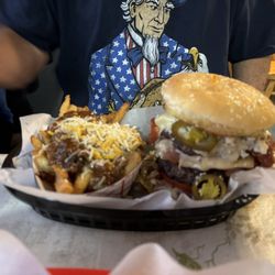 Riverside Lanes - A little blurry, but chili cheese fries and double Bigfoot burger.