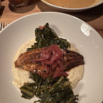 River - Seared Catfish, Cheesy Grits and Greens. - Southern Near Me - Tuscaloosa, Alabama River - Seared Catfish, Cheesy Grits and Greens. - Southern Near Me - Tuscaloosa, Alabama
