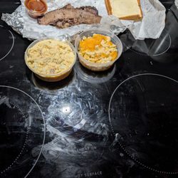 Old Brick Pit Barbeque - Brisket Plate with 2 sides Mac and cheese and potato salad and sauce with 2 slices of bread.