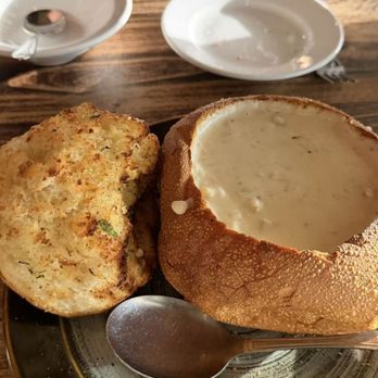 Old Fisherman's Grotto - Clam chowder in garlic bread bowl - Seafood Near Me - Monterey, California Old Fisherman's Grotto - Clam chowder in garlic bread bowl - Seafood Near Me - Monterey, California