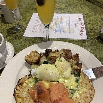 Bella's Cafe - Smoked salmon Benedict and mango and passion fruit mimosas - Breakfast & Brunch Near Me - New Haven, Connecticut Bella's Cafe - Smoked salmon Benedict and mango and passion fruit mimosas - Breakfast & Brunch Near Me - New Haven, Connecticut