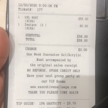 Executive Nails & Spa Copperfield  - Receipt of my first time at the spa. Great service with Nina. Really nice - Day Spas Near Me - Houston, Texas