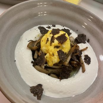 Eyval - Mushroom borani (oyster and beech mushrooms, strained yoghurt, poached egg, truffle) - Persian/Iranian Near Me - Brooklyn, New York