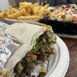 Mac Shawarma - 1/18/25 small beef shwarma wrap, fries and mixed shwarma bowl with rice