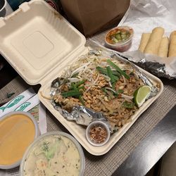 Noble Pig - Chicken Pad Thai with Peanut Curry sauce, Spring Rolls and Chicken Rice Soup.