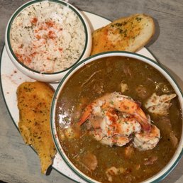 Bayou Gumbo, White Rice, Garlic Cheese Bread Bayou Gumbo, White Rice, Garlic Cheese Bread