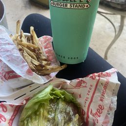 Double Cheeseburger in a lettuce wrap, French Fries and a soft drink! Double Cheeseburger in a lettuce wrap, French Fries and a soft drink!
