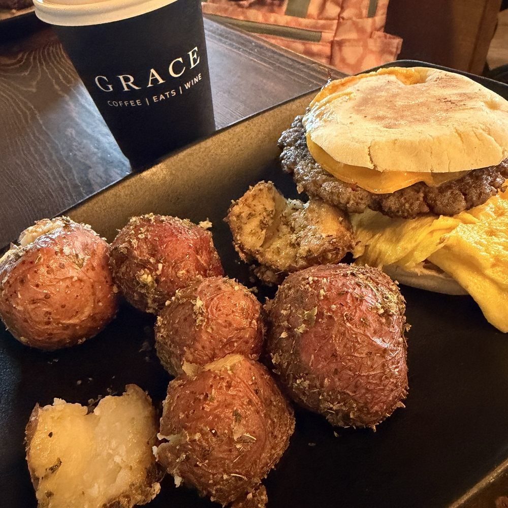 Sausage egg sandwich, potatoes