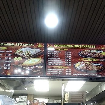 Shawarma BBQ Express - Overhead menu.. - Mediterranean Near Me - Valley Village, California Shawarma BBQ Express - Overhead menu.. - Mediterranean Near Me - Valley Village, California