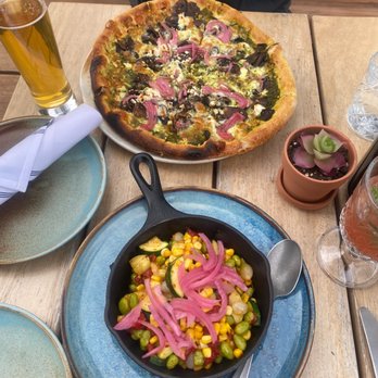 Farm & Fire - Pesto and mushroom pizza and succatash - Canadian (New) Near Me - Banff, Alberta Farm & Fire - Pesto and mushroom pizza and succatash - Canadian (New) Near Me - Banff, Alberta