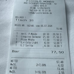 Piccolo Mondo - Rechnung Juli 2026