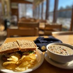 Spring Green General Store - Chicken Salad Sandwich, Mushroom & Wild Rice soup in the " sun room"!