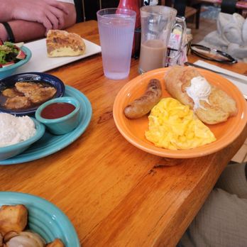 Tower Cafe - Bananas Foster French toast with eggs and chicken apple sausage - Breakfast & Brunch Near Me - Sacramento, California