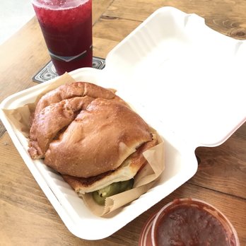 Comal Next Door - Hibiscus lemonade, buttermilk fried chicken torta w/avo, chipotle salsa 4.23.20 - Mexican Near Me - Berkeley, California