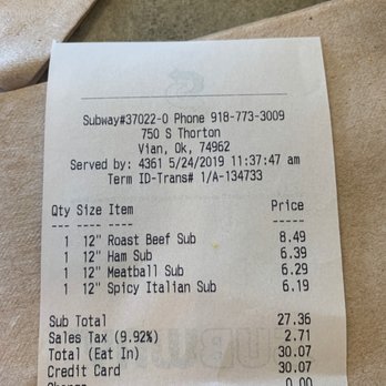 Subway - Receipt - Fast Food Near Me - Vian, Oklahoma