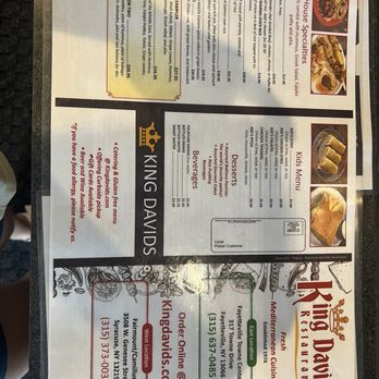 King David's Restaurant - Menu side 1 - Greek Near Me - Fayetteville, New York