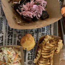 Fries corn muffin Cole slaw and burnt ends
