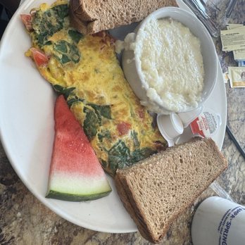 Mamas Kitchen - Make Create Your Own Omelet.  Spinach, Swiss Cheese,  & Tomato .  Homemade Side of Grits - Breakfast & Brunch Near Me - Tampa, Florida
