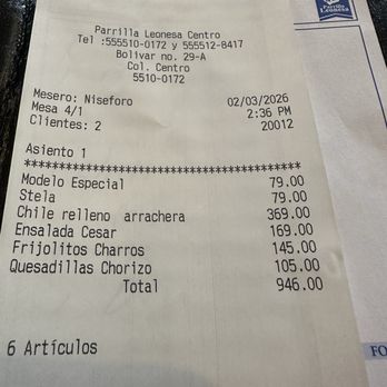Parrilla Leonesa - Receipt-March 2026 - Restaurants Near Me - México, D.F., DIF
