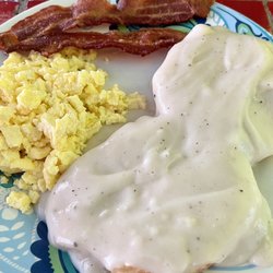 Toasted - Biscuits and gravy with scrambled eggs and bacon.