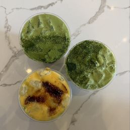 Matcha Latte (Top Left & Top Right) and Crème Brûlée Matcha Latte (Bottom Left)