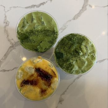 De Matcha - Matcha Latte (Top Left & Top Right) and Crème Brûlée Matcha Latte (Bottom Left) - Specialty Food Near Me - Torrance, California De Matcha - Matcha Latte (Top Left & Top Right) and Crème Brûlée Matcha Latte (Bottom Left) - Specialty Food Near Me - Torrance, California