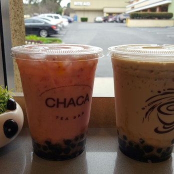 Chaca Tea Bar - Strawberry yogurt drink with honey boba on the left and milk tea with honey boba on the right. Featured on the far left Mr. Panda Grasshead - Coffee & Tea Near Me - Redlands, California Chaca Tea Bar - Strawberry yogurt drink with honey boba on the left and milk tea with honey boba on the right. Featured on the far left Mr. Panda Grasshead - Coffee & Tea Near Me - Redlands, California