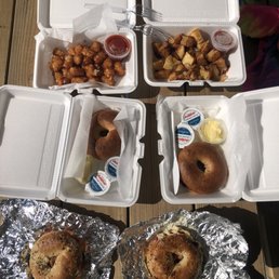 Everything bagel bacon egg and cheese, home fries, tater tots, and bagels with cream cheese. Really good!