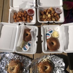 Berry Guys - Everything bagel bacon egg and cheese, home fries, tater tots, and bagels with cream cheese. Really good!