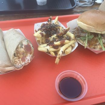Kenji Burger - Left to right: Japanese Sushi Burrito, Furikake Fries, and Kenji Burger - Burgers Near Me - Kapaa, Hawaii