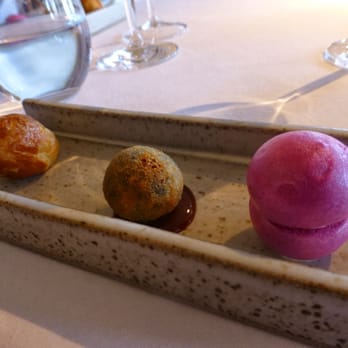 Martin Wishart - Cheese filled Choux Bun, Haggis Bonbon and Beetroot & Horseradish Macaroon - British Near Me - Arden, AGB