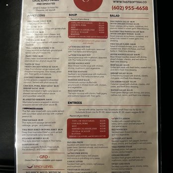 Taste of Thai - Arcadia - Menu (front side) - Thai Near Me - Phoenix, Arizona