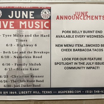 Agape BBQ - Live Music and weekly specials - Barbeque Near Me - Liberty Hill, Texas