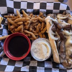 Guler's Corner - Smothered Prime Rib Sandwich and Clam Strips