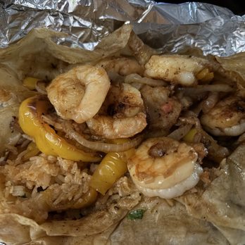 El Rey Del Taco - The inside, rice, shrimp, onions and bell peppers, Pico de gallo. - Tacos Near Me - Hayward, California