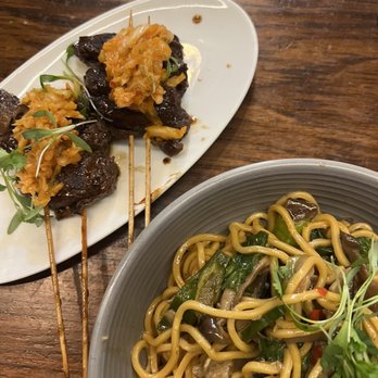 Sampan - Korean BBQ Beef satay and mushroom lo mein - Asian Fusion Near Me - Philadelphia, Pennsylvania Sampan - Korean BBQ Beef satay and mushroom lo mein - Asian Fusion Near Me - Philadelphia, Pennsylvania