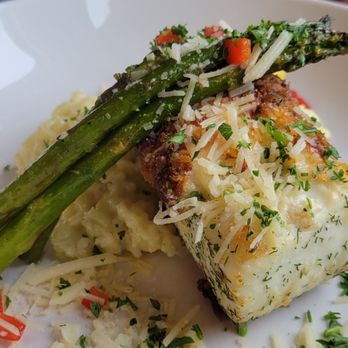 Harbor Grill - Parmesean halibut on a bed of risotto- excellent - Steakhouses Near Me - Homer, Alaska Harbor Grill - Parmesean halibut on a bed of risotto- excellent - Steakhouses Near Me - Homer, Alaska