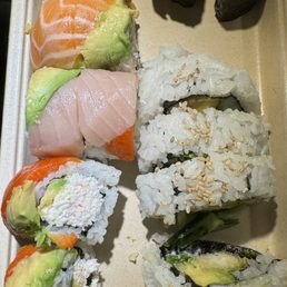 Rainbow roll, salmon maki, dynamite roll Rainbow roll, salmon maki, dynamite roll