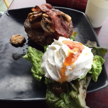 Crazee Burger - Venison burger. Had mushrooms topped with bacon. Flip on top the whip cream, sauce, lettuce and tomato. - Burgers Near Me - San Diego, California