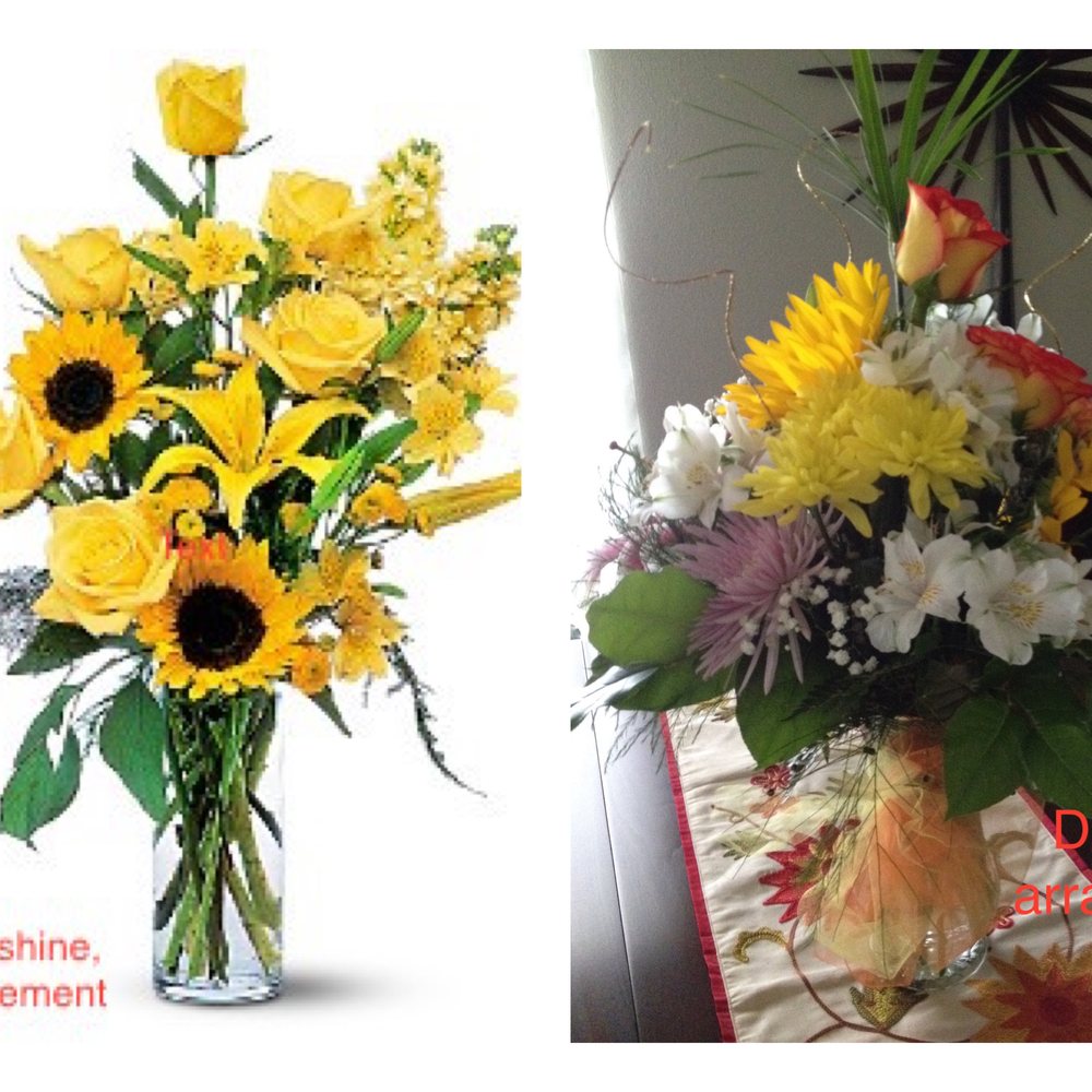 Tides 'Most Excellent' Flowers - The basic Blazing Sunshine arrangement vs. the "Premium upgrade" delivered. The other side has add'l flowers, only one of which is yellow. - Florists Near Me - Hudson, Florida Tides 'Most Excellent' Flowers - The basic Blazing Sunshine arrangement vs. the "Premium upgrade" delivered. The other side has add'l flowers, only one of which is yellow. - Florists Near Me - Hudson, Florida