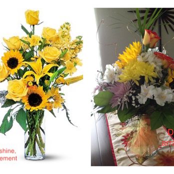 Tides 'Most Excellent' Flowers - The basic Blazing Sunshine arrangement vs. the "Premium upgrade" delivered. The other side has add'l flowers, only one of which is yellow. - Florists Near Me - Hudson, Florida Tides 'Most Excellent' Flowers - The basic Blazing Sunshine arrangement vs. the "Premium upgrade" delivered. The other side has add'l flowers, only one of which is yellow. - Florists Near Me - Hudson, Florida