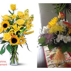 Tides 'Most Excellent' Flowers - The basic Blazing Sunshine arrangement vs. the "Premium upgrade" delivered. The other side has add'l flowers, only one of which is yellow.
