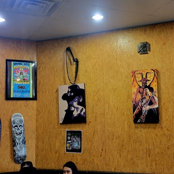 Grill 'Em All - Interior - Skateboards & Paintings (01/09/24). @GrillEmAll #Alhambra #HeavyMetal #Burgers #Beer - Burgers Near Me - Long Beach, California