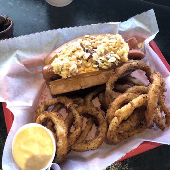 Coris DogHouse - Georgia dog (topped with pimento cheese and coleslaw) and onion rings - Hot Dogs Near Me - Mount Juliet, Tennessee