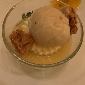 Le Cirque - Peach Parfait: honeycomb, raspberry sorbet, and bavarian cream - French Near Me - Las Vegas, Nevada Le Cirque - Peach Parfait: honeycomb, raspberry sorbet, and bavarian cream - French Near Me - Las Vegas, Nevada